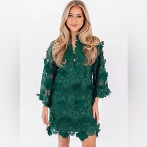 J.Marie Seraphina Shift Dress Green Floral 3D Lace 3/4 Sleeve Kaftan NWT